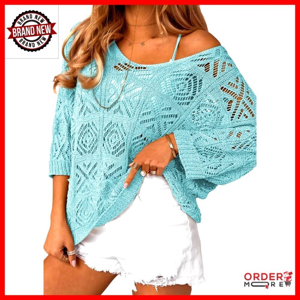 Crochet Hollow Out Pullover Sweater Off Shoulder 3/4 Sleeve Cover Up